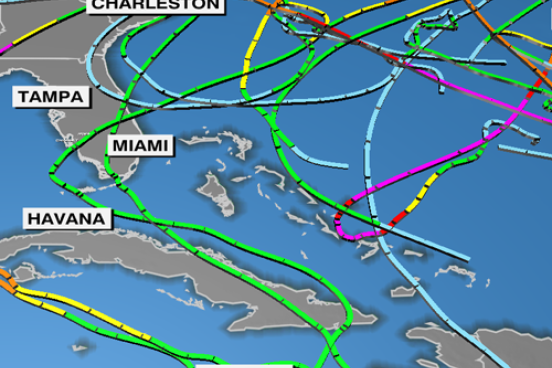 Map of Hurricane pathways in the Atlantic