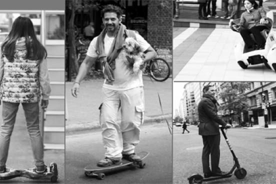 People on the street riding various personal mobility devices