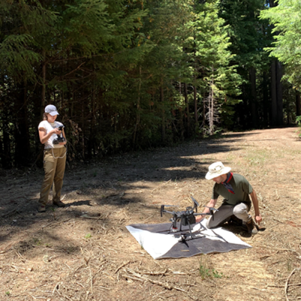 Students working with a drone