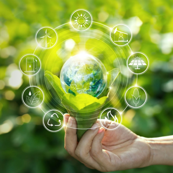Hand holding a globe with sustainability graphics in the background